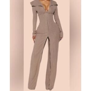 Fashion Nova Womens Sort Through It Ribbed Jumpsuit Sz 1X Taupe NWT Stretch